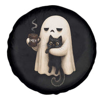 Meh Boojee Sleepy Ghost Holding Black Cat Drinking Coffee Spare Tire Cover Spooky Halloween Cute Autumn Morning Mood Graphic