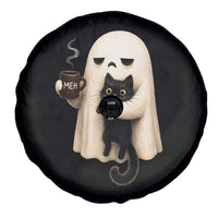 Meh Boojee Sleepy Ghost Holding Black Cat Drinking Coffee Spare Tire Cover Spooky Halloween Cute Autumn Morning Mood Graphic