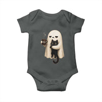 Meh Boojee Sleepy Ghost Holding Black Cat Drinking Coffee Baby Onesie Spooky Halloween Cute Autumn Morning Mood Graphic