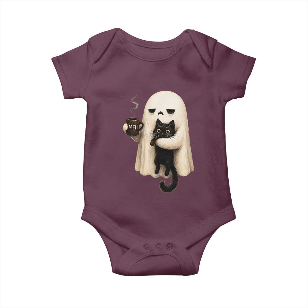 Meh Boojee Sleepy Ghost Holding Black Cat Drinking Coffee Baby Onesie Spooky Halloween Cute Autumn Morning Mood Graphic