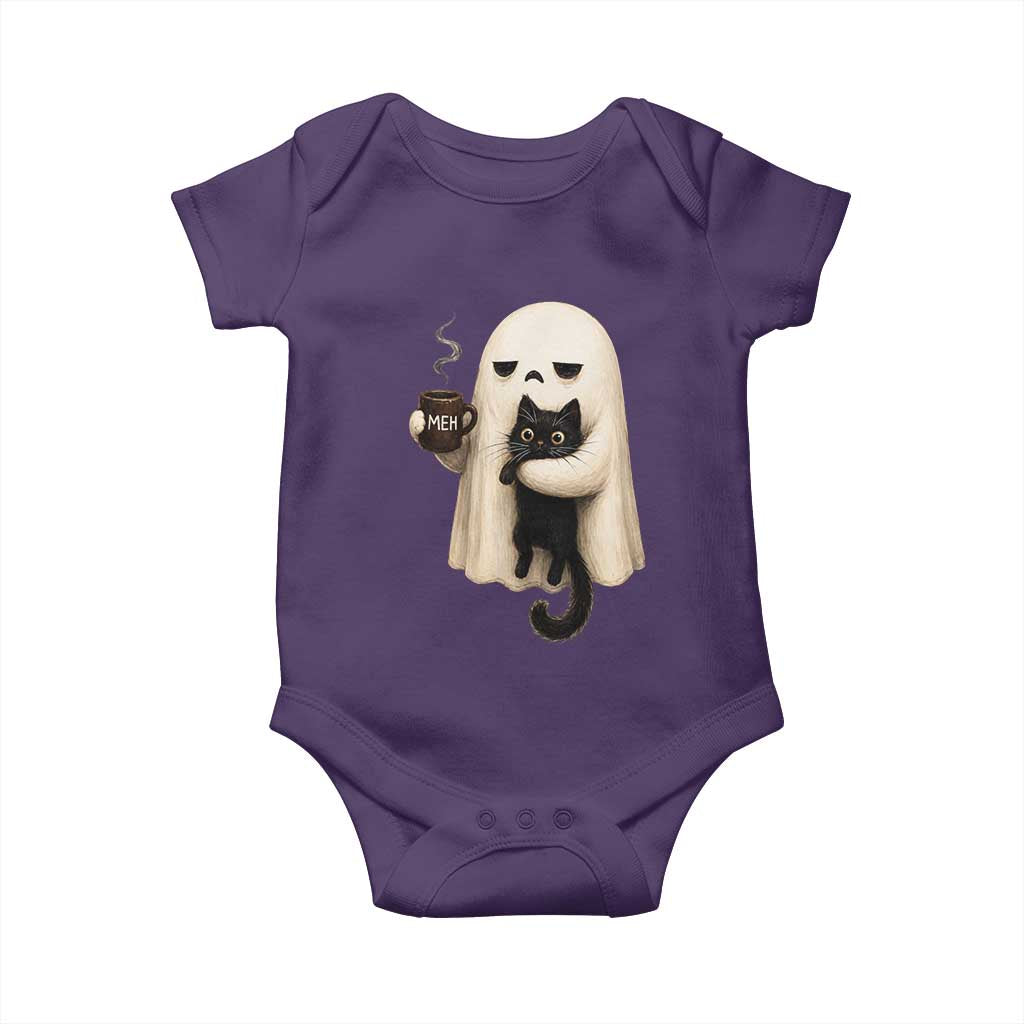 Meh Boojee Sleepy Ghost Holding Black Cat Drinking Coffee Baby Onesie Spooky Halloween Cute Autumn Morning Mood Graphic