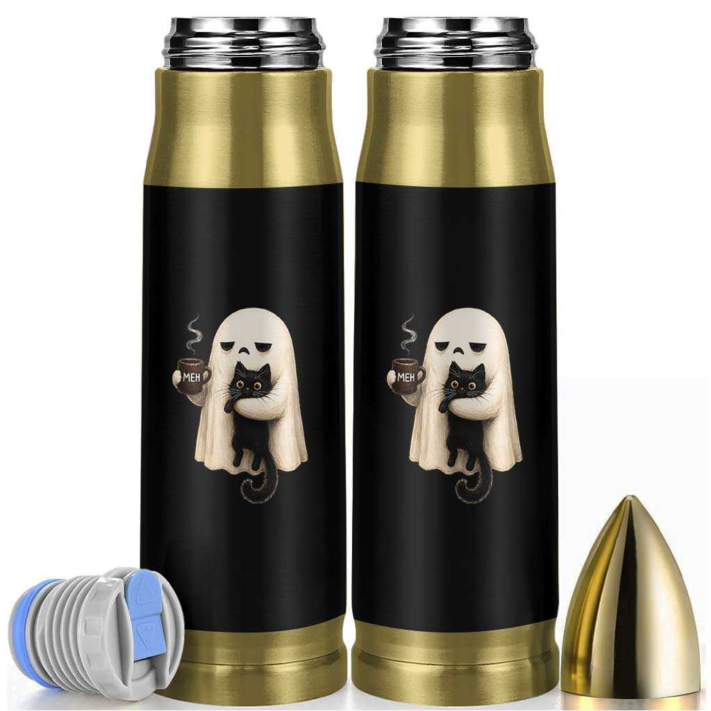 Meh Boojee Sleepy Ghost Holding Black Cat Drinking Coffee Bullet Tumbler Spooky Halloween Cute Autumn Morning Mood Graphic