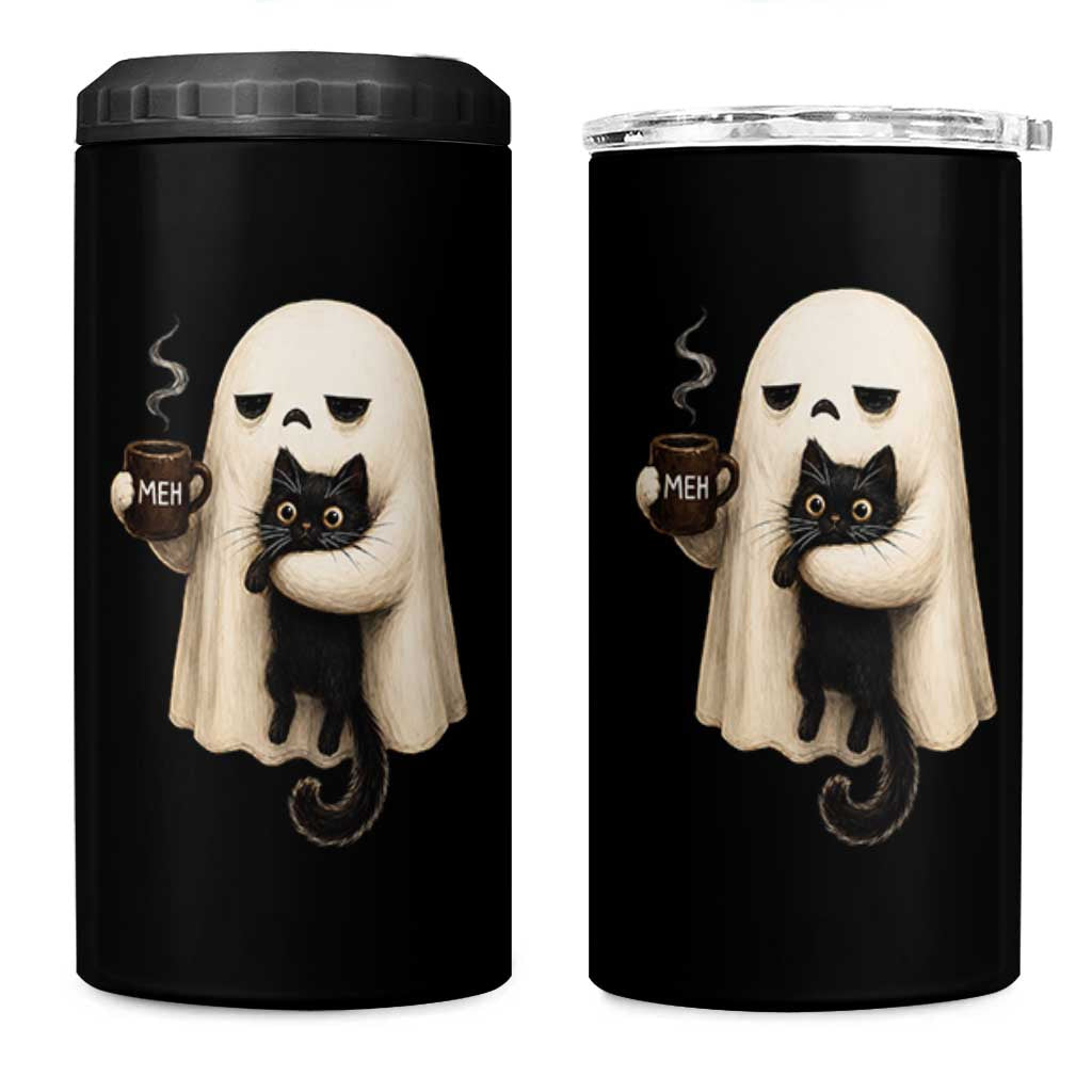 Meh Boojee Sleepy Ghost Holding Black Cat Drinking Coffee 4 in 1 Can Cooler Tumbler Spooky Halloween Cute Autumn Morning Mood Graphic