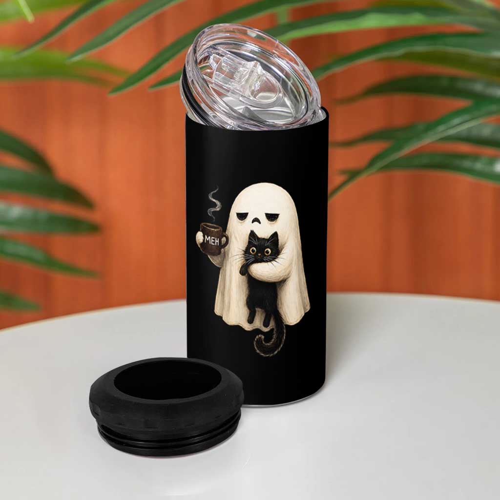 Meh Boojee Sleepy Ghost Holding Black Cat Drinking Coffee 4 in 1 Can Cooler Tumbler Spooky Halloween Cute Autumn Morning Mood Graphic