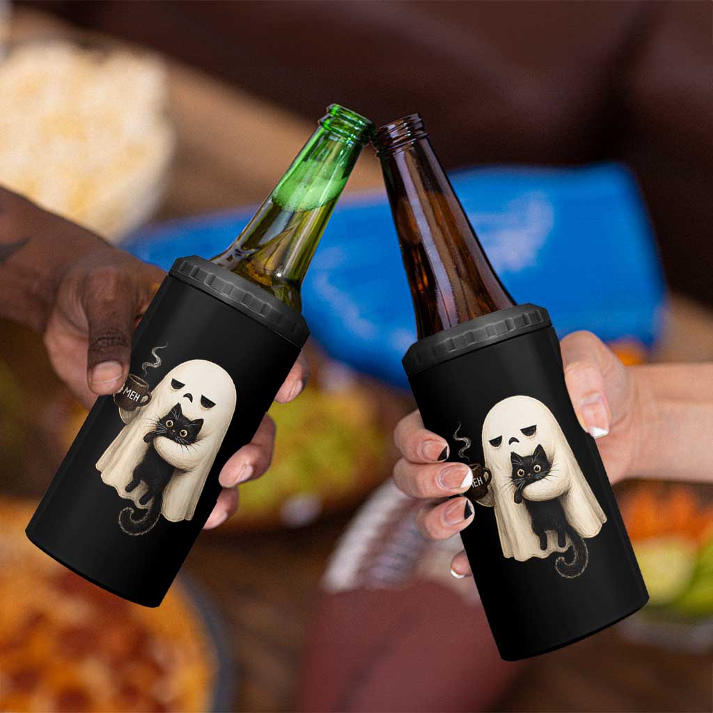 Meh Boojee Sleepy Ghost Holding Black Cat Drinking Coffee 4 in 1 Can Cooler Tumbler Spooky Halloween Cute Autumn Morning Mood Graphic