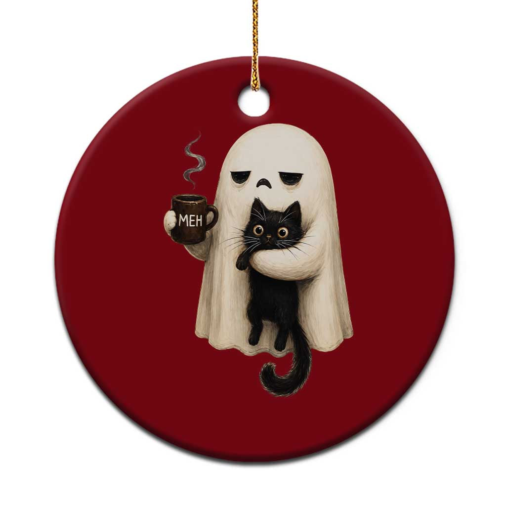 Meh Boojee Sleepy Ghost Holding Black Cat Drinking Coffee Ceramic Ornament Spooky Halloween Cute Autumn Morning Mood Graphic