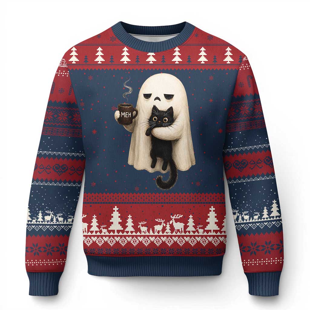 Meh Boojee Sleepy Ghost Holding Black Cat Drinking Coffee Ugly Christmas Sweater Spooky Halloween Cute Autumn Morning Mood Graphic