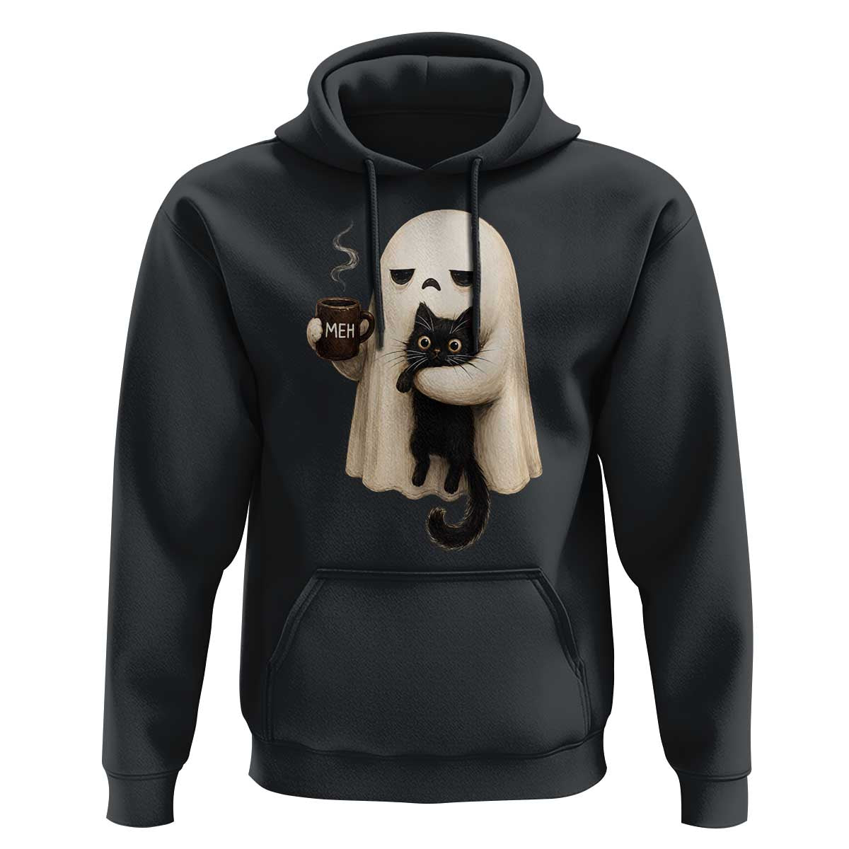 Meh Boojee Sleepy Ghost Holding Black Cat Drinking Coffee Hoodie Spooky Halloween Cute Autumn Morning Mood Graphic