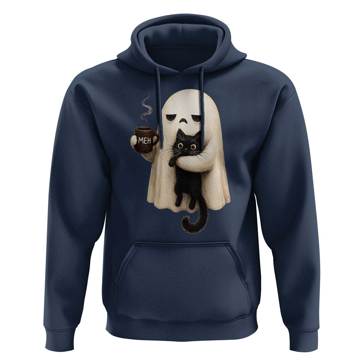 Meh Boojee Sleepy Ghost Holding Black Cat Drinking Coffee Hoodie Spooky Halloween Cute Autumn Morning Mood Graphic