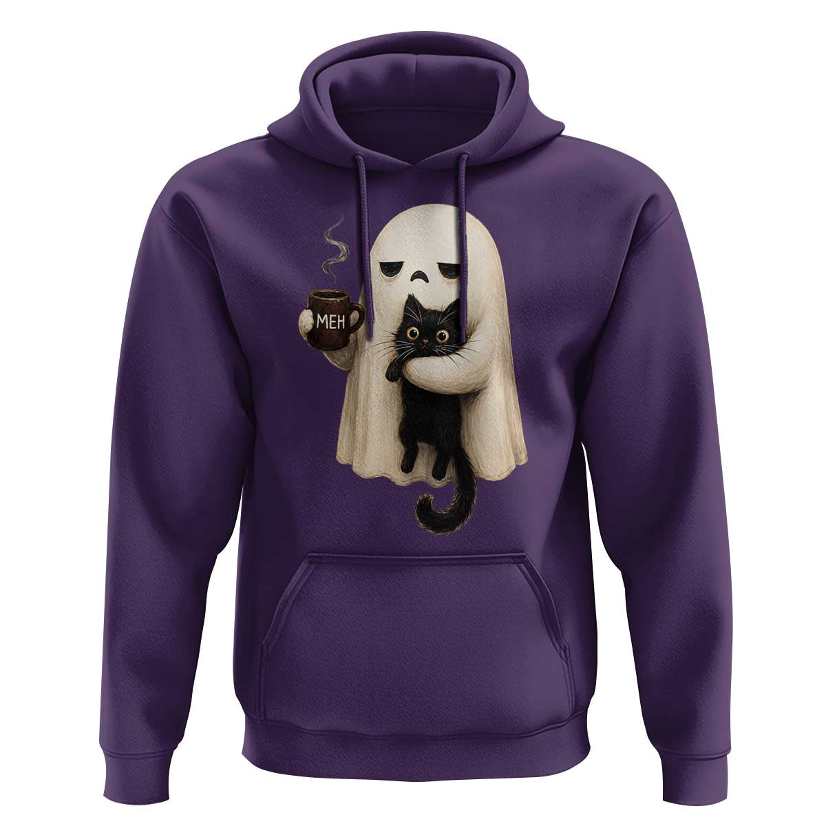 Meh Boojee Sleepy Ghost Holding Black Cat Drinking Coffee Hoodie Spooky Halloween Cute Autumn Morning Mood Graphic