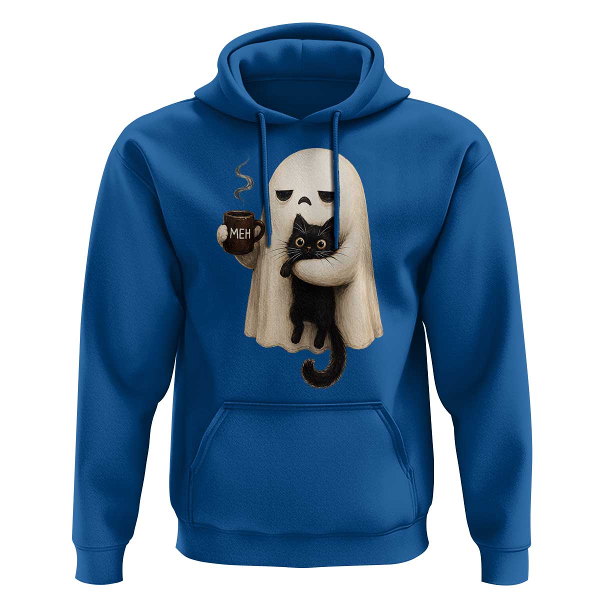 Meh Boojee Sleepy Ghost Holding Black Cat Drinking Coffee Hoodie Spooky Halloween Cute Autumn Morning Mood Graphic