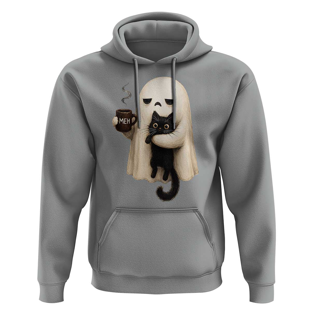 Meh Boojee Sleepy Ghost Holding Black Cat Drinking Coffee Hoodie Spooky Halloween Cute Autumn Morning Mood Graphic