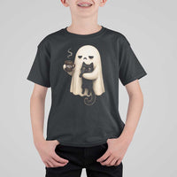 Meh Boojee Sleepy Ghost Holding Black Cat Drinking Coffee T Shirt For Kid Spooky Halloween Cute Autumn Morning Mood Graphic
