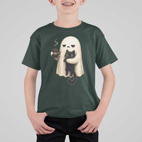 Meh Boojee Sleepy Ghost Holding Black Cat Drinking Coffee T Shirt For Kid Spooky Halloween Cute Autumn Morning Mood Graphic