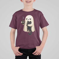 Meh Boojee Sleepy Ghost Holding Black Cat Drinking Coffee T Shirt For Kid Spooky Halloween Cute Autumn Morning Mood Graphic