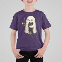 Meh Boojee Sleepy Ghost Holding Black Cat Drinking Coffee T Shirt For Kid Spooky Halloween Cute Autumn Morning Mood Graphic