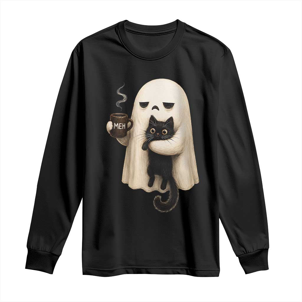 Meh Boojee Sleepy Ghost Holding Black Cat Drinking Coffee Long Sleeve Shirt Spooky Halloween Cute Autumn Morning Mood Graphic