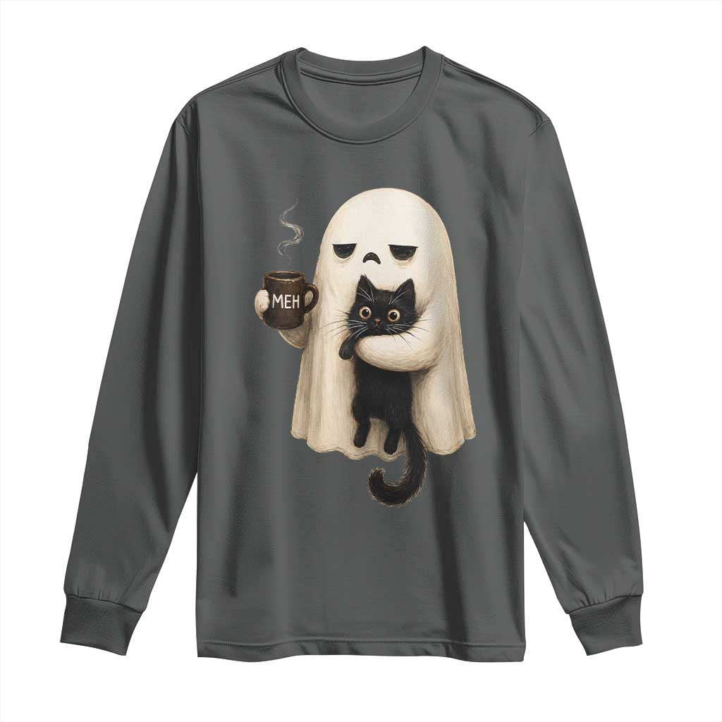 Meh Boojee Sleepy Ghost Holding Black Cat Drinking Coffee Long Sleeve Shirt Spooky Halloween Cute Autumn Morning Mood Graphic