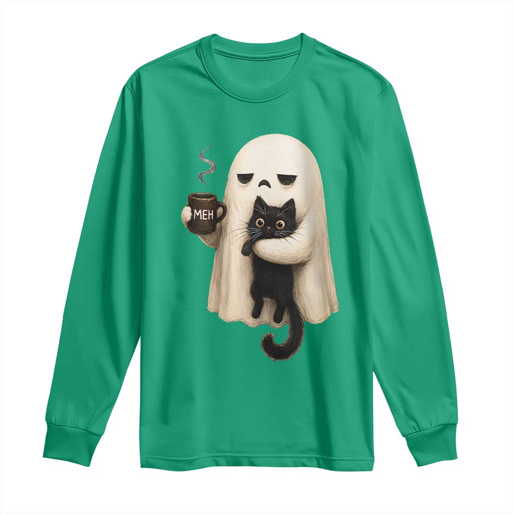 Meh Boojee Sleepy Ghost Holding Black Cat Drinking Coffee Long Sleeve Shirt Spooky Halloween Cute Autumn Morning Mood Graphic