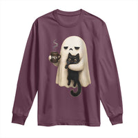 Meh Boojee Sleepy Ghost Holding Black Cat Drinking Coffee Long Sleeve Shirt Spooky Halloween Cute Autumn Morning Mood Graphic