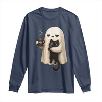 Meh Boojee Sleepy Ghost Holding Black Cat Drinking Coffee Long Sleeve Shirt Spooky Halloween Cute Autumn Morning Mood Graphic