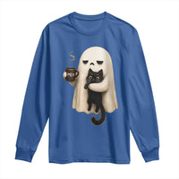 Meh Boojee Sleepy Ghost Holding Black Cat Drinking Coffee Long Sleeve Shirt Spooky Halloween Cute Autumn Morning Mood Graphic