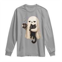 Meh Boojee Sleepy Ghost Holding Black Cat Drinking Coffee Long Sleeve Shirt Spooky Halloween Cute Autumn Morning Mood Graphic