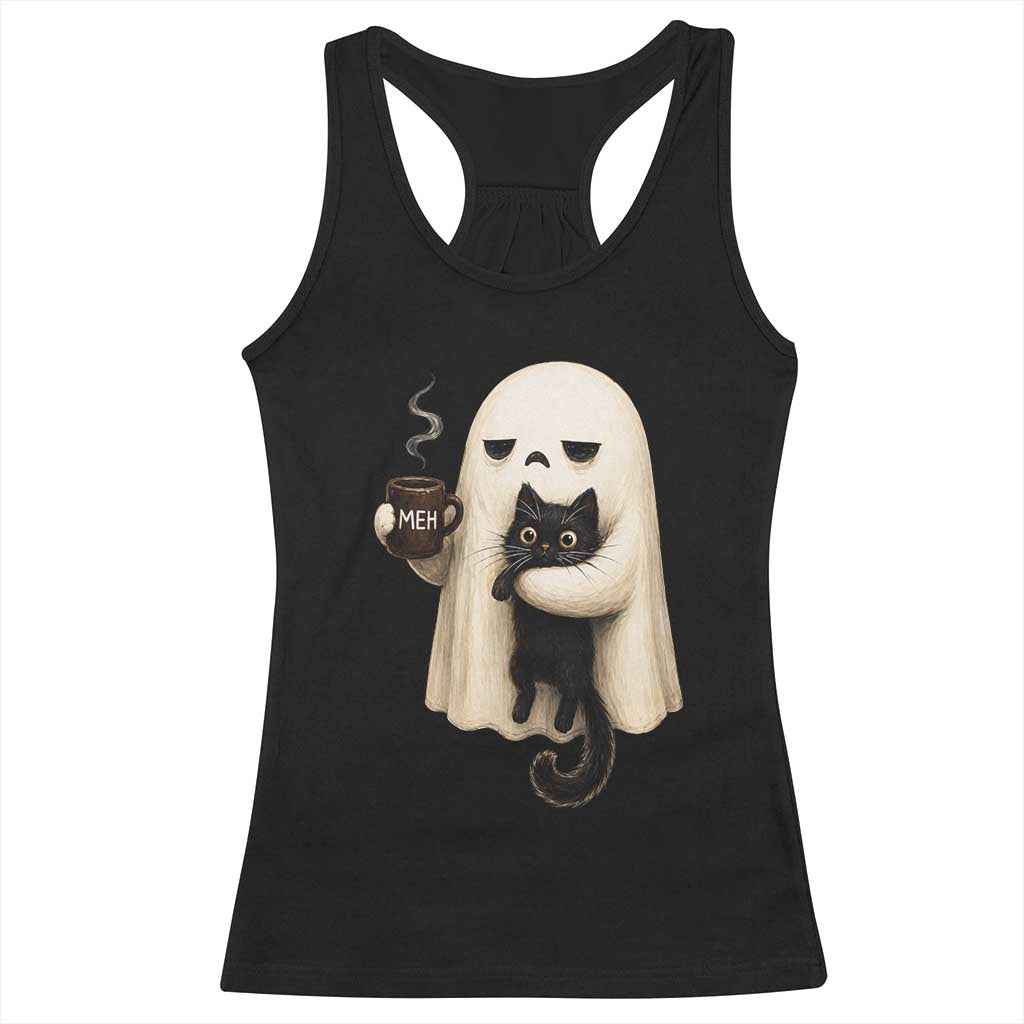 Meh Boojee Sleepy Ghost Holding Black Cat Drinking Coffee Racerback Tank Top Spooky Halloween Cute Autumn Morning Mood Graphic