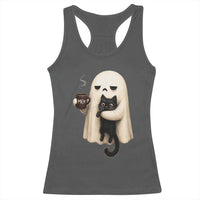 Meh Boojee Sleepy Ghost Holding Black Cat Drinking Coffee Racerback Tank Top Spooky Halloween Cute Autumn Morning Mood Graphic