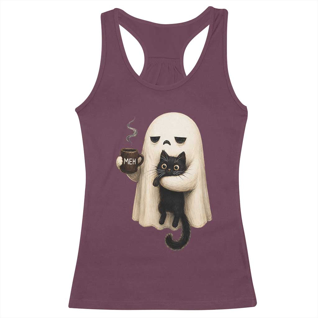 Meh Boojee Sleepy Ghost Holding Black Cat Drinking Coffee Racerback Tank Top Spooky Halloween Cute Autumn Morning Mood Graphic