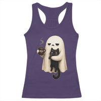 Meh Boojee Sleepy Ghost Holding Black Cat Drinking Coffee Racerback Tank Top Spooky Halloween Cute Autumn Morning Mood Graphic