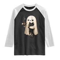 Meh Boojee Sleepy Ghost Holding Black Cat Drinking Coffee Raglan Shirt Spooky Halloween Cute Autumn Morning Mood Graphic
