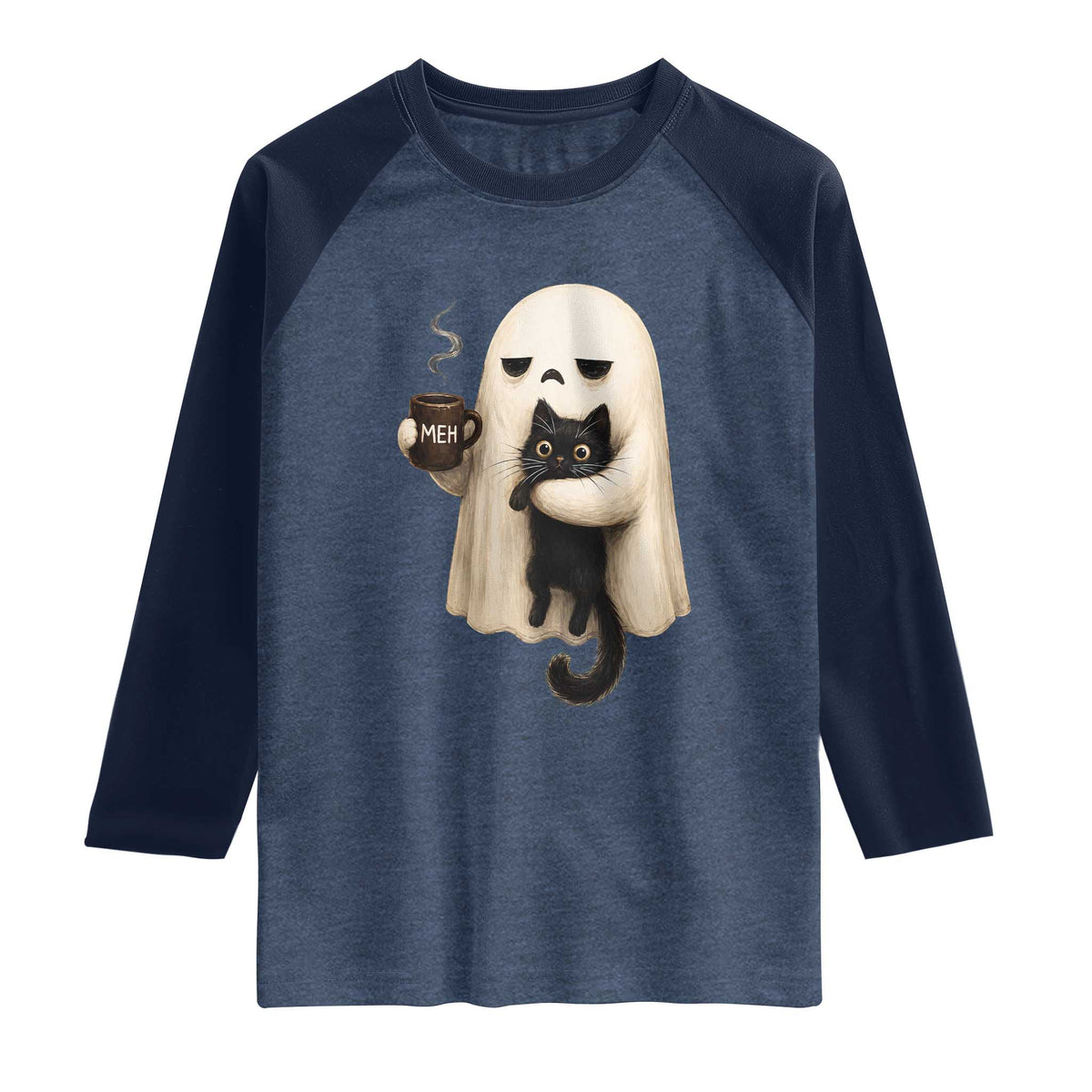 Meh Boojee Sleepy Ghost Holding Black Cat Drinking Coffee Raglan Shirt Spooky Halloween Cute Autumn Morning Mood Graphic