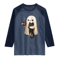 Meh Boojee Sleepy Ghost Holding Black Cat Drinking Coffee Raglan Shirt Spooky Halloween Cute Autumn Morning Mood Graphic