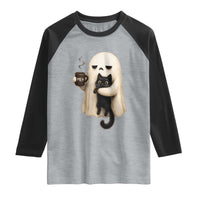 Meh Boojee Sleepy Ghost Holding Black Cat Drinking Coffee Raglan Shirt Spooky Halloween Cute Autumn Morning Mood Graphic