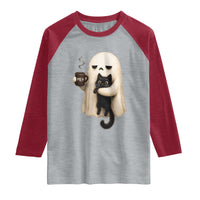 Meh Boojee Sleepy Ghost Holding Black Cat Drinking Coffee Raglan Shirt Spooky Halloween Cute Autumn Morning Mood Graphic