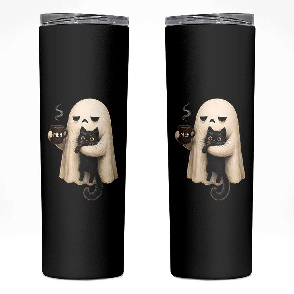 Meh Boojee Sleepy Ghost Holding Black Cat Drinking Coffee Skinny Tumbler Spooky Halloween Cute Autumn Morning Mood Graphic