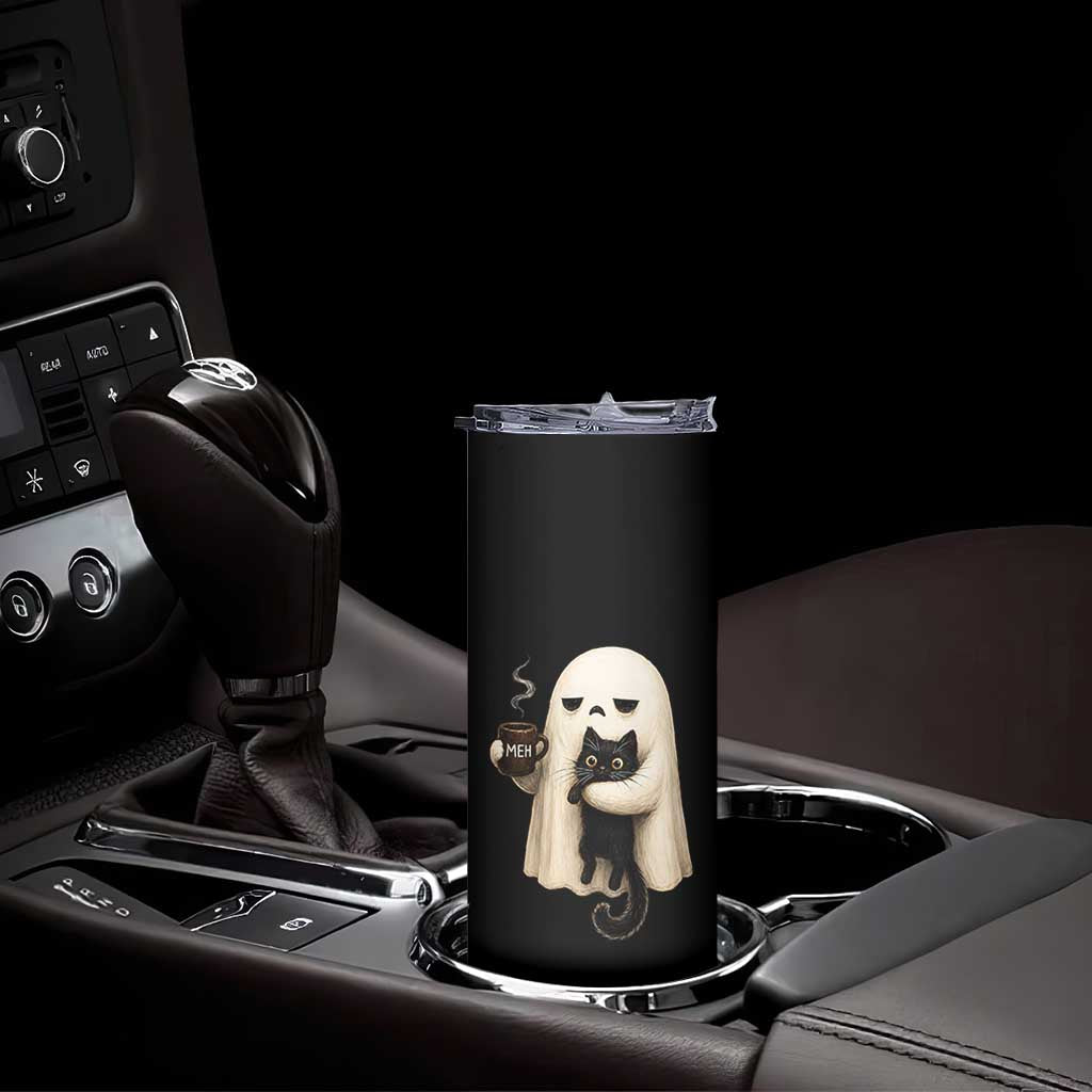 Meh Boojee Sleepy Ghost Holding Black Cat Drinking Coffee Skinny Tumbler Spooky Halloween Cute Autumn Morning Mood Graphic
