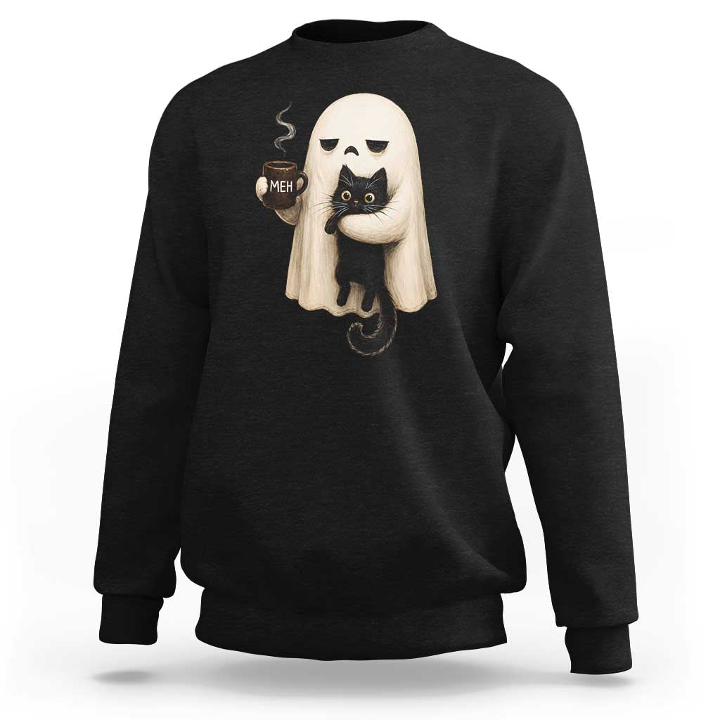 Meh Boojee Sleepy Ghost Holding Black Cat Drinking Coffee Sweatshirt Spooky Halloween Cute Autumn Morning Mood Graphic