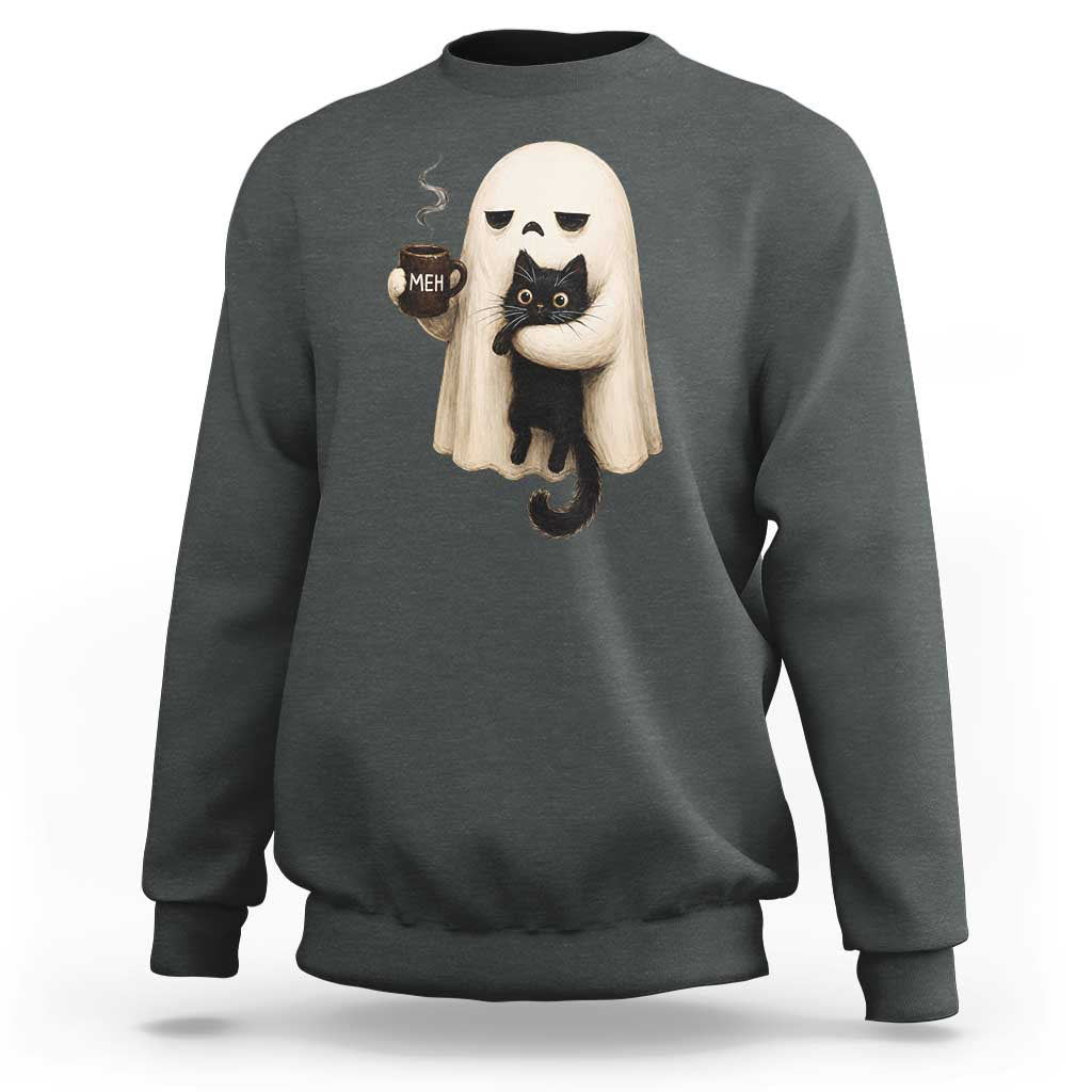 Meh Boojee Sleepy Ghost Holding Black Cat Drinking Coffee Sweatshirt Spooky Halloween Cute Autumn Morning Mood Graphic