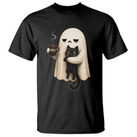 Meh Boojee Sleepy Ghost Holding Black Cat Drinking Coffee T Shirt Spooky Halloween Cute Autumn Morning Mood Graphic