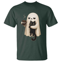 Meh Boojee Sleepy Ghost Holding Black Cat Drinking Coffee T Shirt Spooky Halloween Cute Autumn Morning Mood Graphic