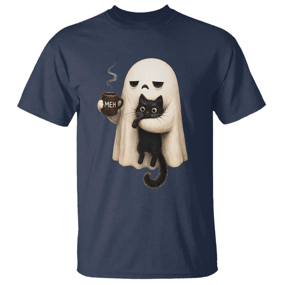 Meh Boojee Sleepy Ghost Holding Black Cat Drinking Coffee T Shirt Spooky Halloween Cute Autumn Morning Mood Graphic