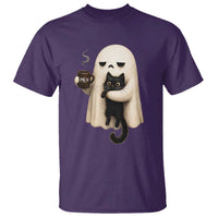 Meh Boojee Sleepy Ghost Holding Black Cat Drinking Coffee T Shirt Spooky Halloween Cute Autumn Morning Mood Graphic