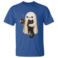 Meh Boojee Sleepy Ghost Holding Black Cat Drinking Coffee T Shirt Spooky Halloween Cute Autumn Morning Mood Graphic