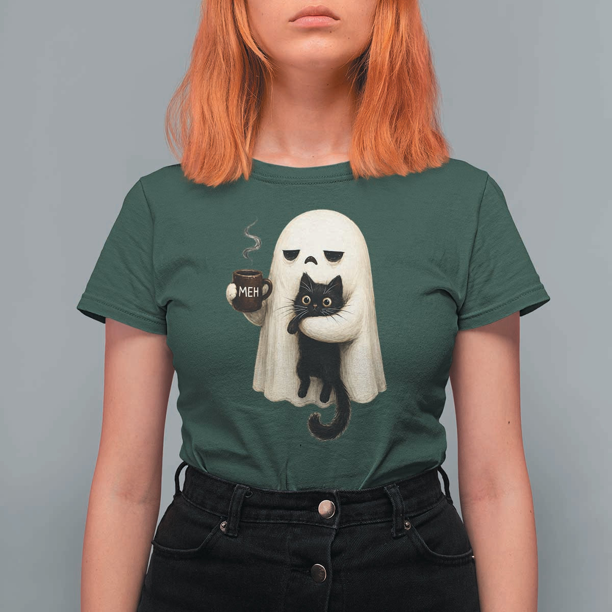 Meh Boojee Sleepy Ghost Holding Black Cat Drinking Coffee T Shirt For Women Spooky Halloween Cute Autumn Morning Mood Graphic