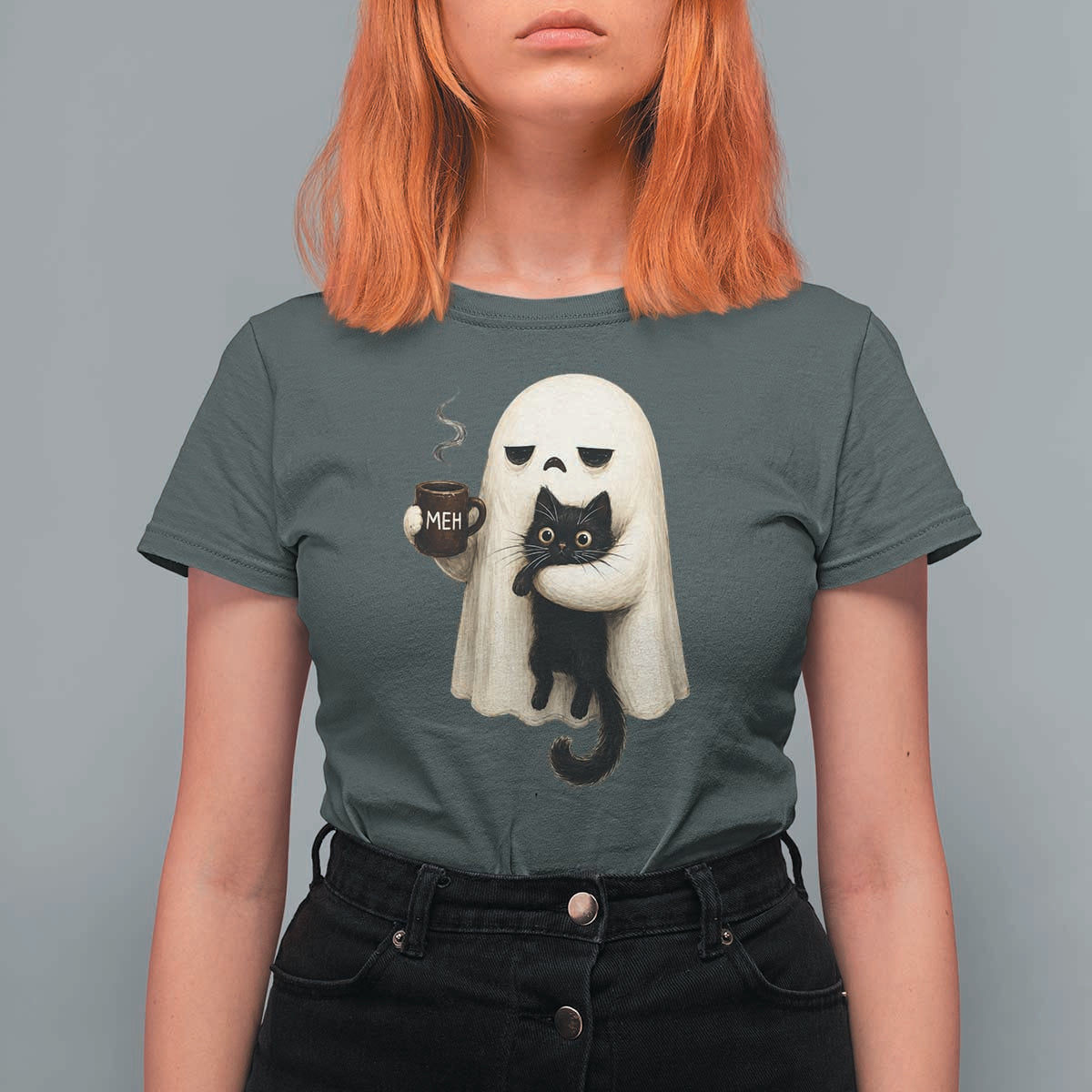 Meh Boojee Sleepy Ghost Holding Black Cat Drinking Coffee T Shirt For Women Spooky Halloween Cute Autumn Morning Mood Graphic