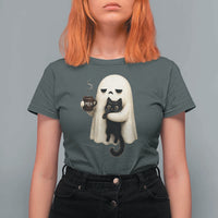 Meh Boojee Sleepy Ghost Holding Black Cat Drinking Coffee T Shirt For Women Spooky Halloween Cute Autumn Morning Mood Graphic