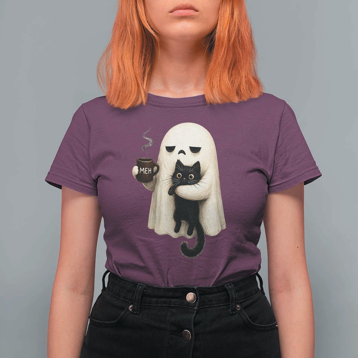 Meh Boojee Sleepy Ghost Holding Black Cat Drinking Coffee T Shirt For Women Spooky Halloween Cute Autumn Morning Mood Graphic