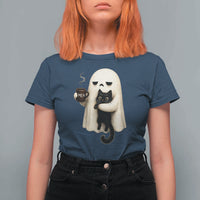 Meh Boojee Sleepy Ghost Holding Black Cat Drinking Coffee T Shirt For Women Spooky Halloween Cute Autumn Morning Mood Graphic